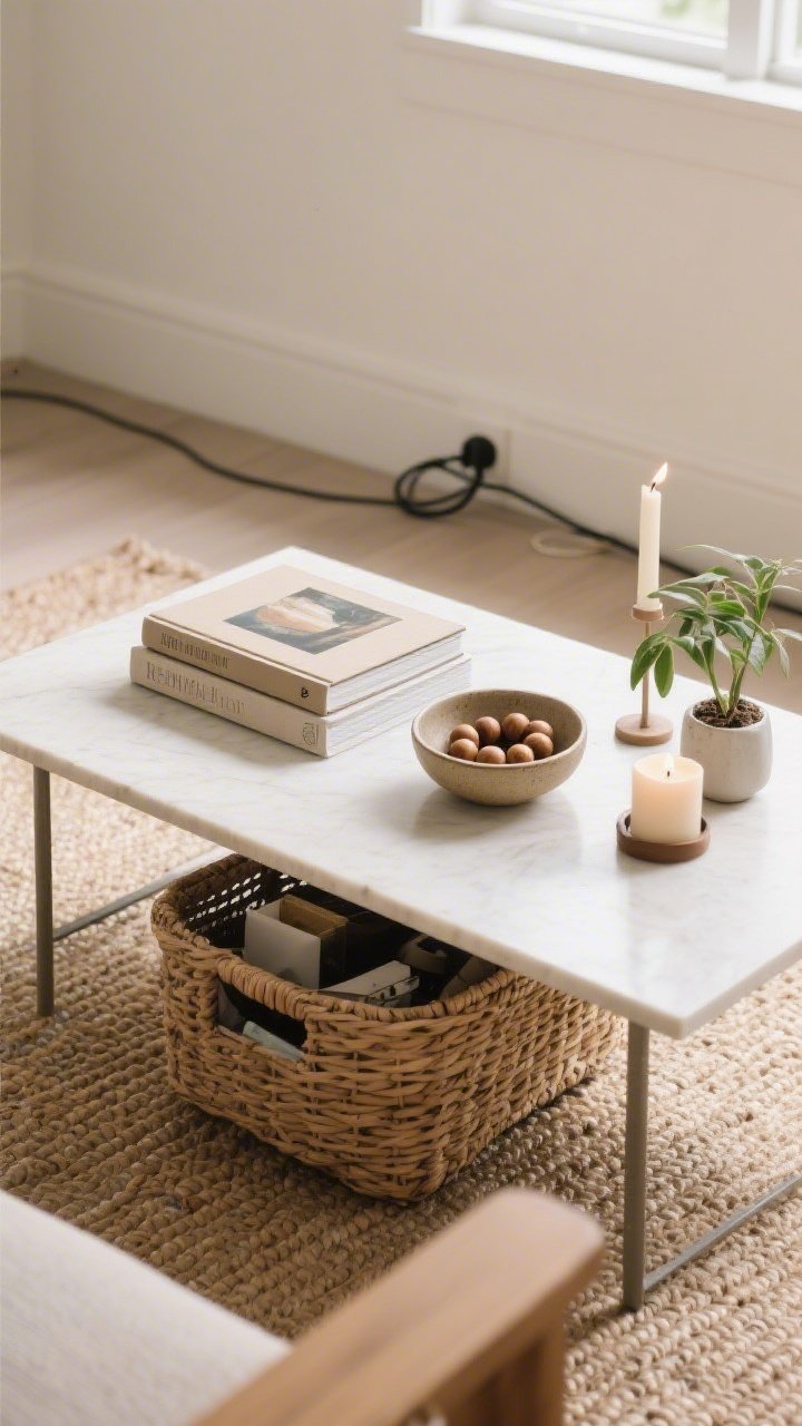 Overhead detail of a coffee table styling: Rule-of-three composition—two art books stacked with neutral covers, a small ceramic bowl with wood beads, and a candle next to a petite plant; surfaces are clear and intentional; visible cord cover along a nearby baseboard tidying cables; a woven basket under the table containing miscellaneous items; placed on a natural fiber rug; bright natural light, photorealistic.