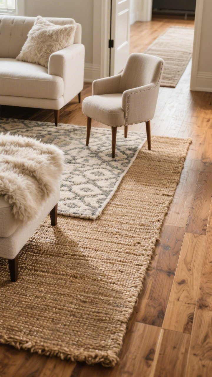Overhead detail of layered rugs on a hardwood floor: a natural jute rug as the base with a soft high-pile patterned wool rug on top; front legs of a sofa and accent chair resting on the larger rug; an entryway runner visible leading into the space; textures clearly rendered, toes-inviting plushness; warm indoor lighting.
