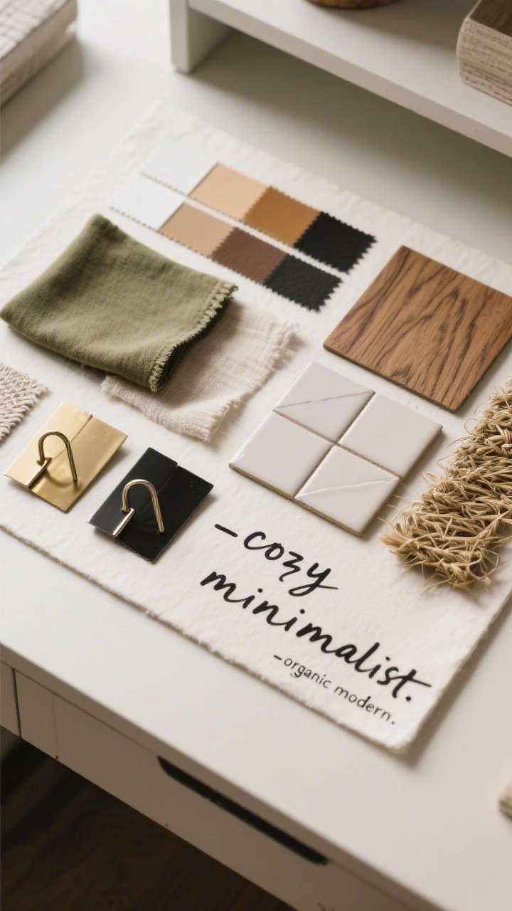 Overhead detail shot: A mood board flat lay on a desk with paint swatches in warm white, camel, and charcoal plus an olive accent; fabric swatches of linen, wood veneer, matte ceramic tile, and woven grass; two metal samples—brass as hero, black as secondary; and handwritten style words “cozy minimalist” and “organic modern.” Soft diffused light, clean composition, photorealistic textures.