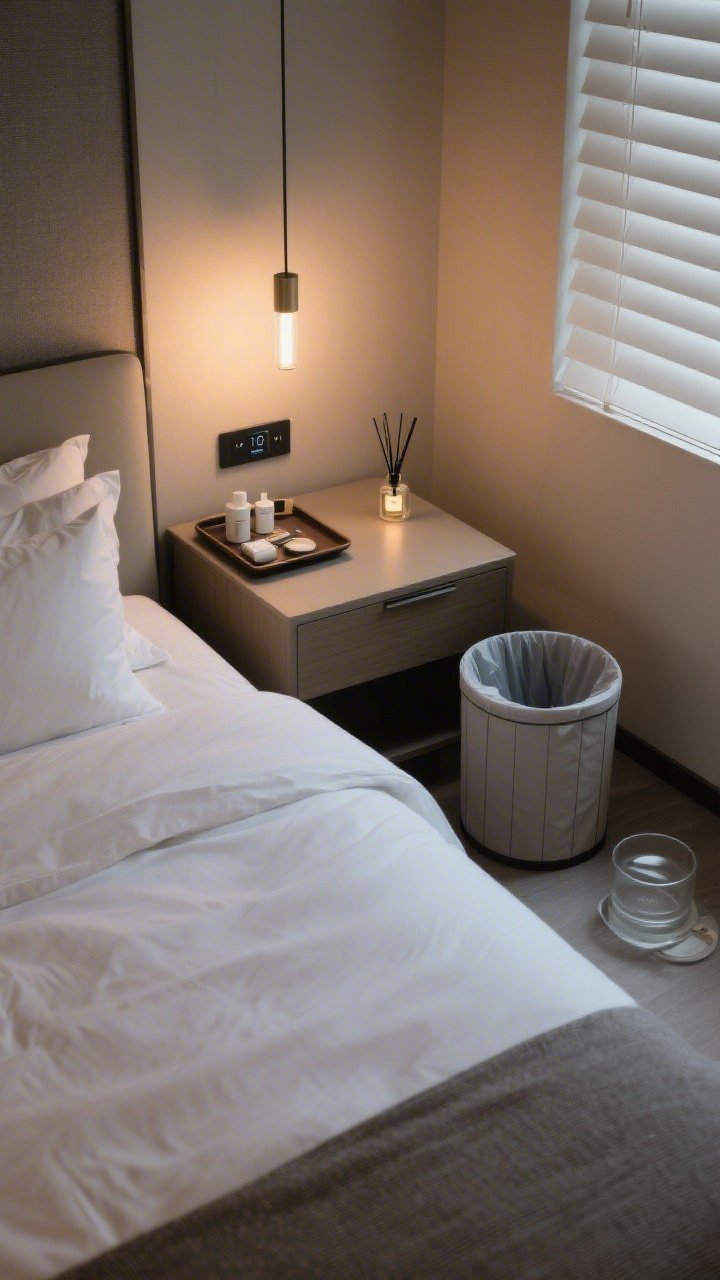 Overhead detail shot: A nightly 10-minute reset moment; a neatly made bed with smoothed duvet and fluffed pillows, a tray on the nightstand containing essentials, a closed hamper nearby signaling the clothes rule; a small trash bin emptied, a glass and dish removed space left clean, blinds adjusted, and a lit scent diffuser casting a gentle glow; calm, warm lighting and an understated playlist device timer visible on the nightstand.