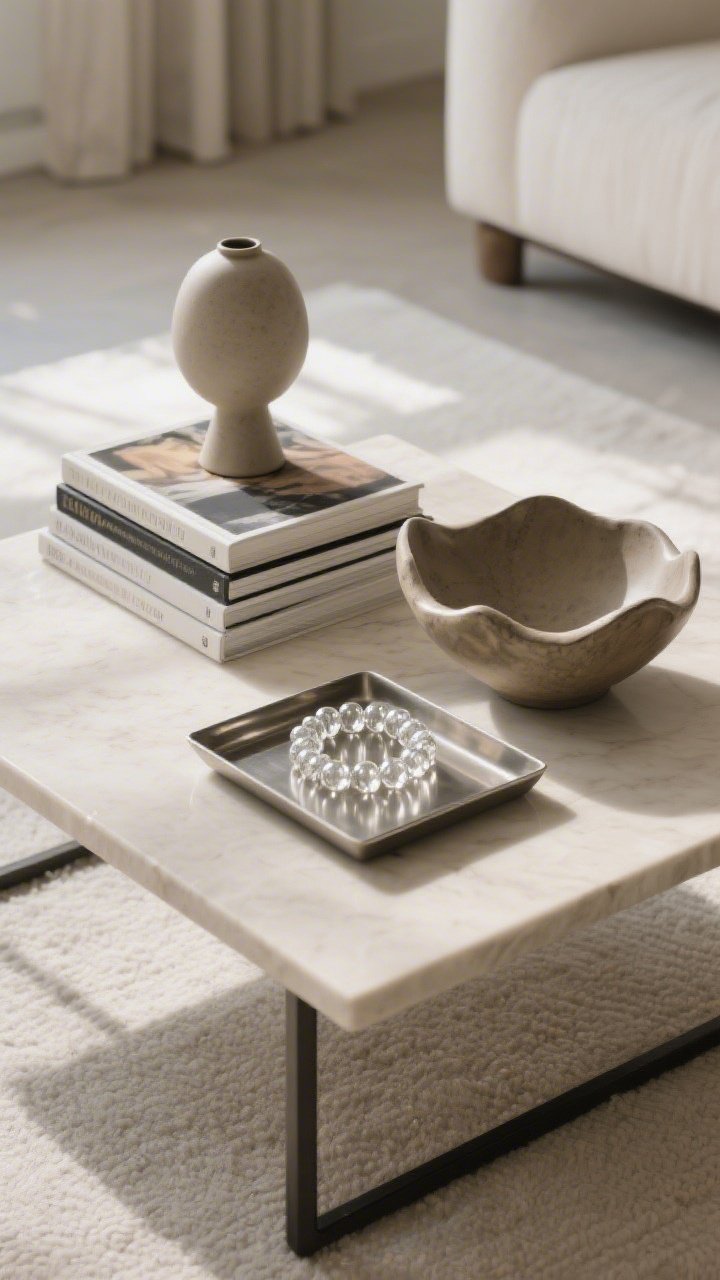 Overhead detail shot: A styled coffee table following the rule of three—low tray, stacked art books, and an organic sculptural bowl; leave 30–40% negative space around. Include varied height, shape, and sheen with a matte ceramic object, glossy glass bead strand, and a brushed metal tray. Soft ambient daylight with gentle shadows, clean and breathable composition.