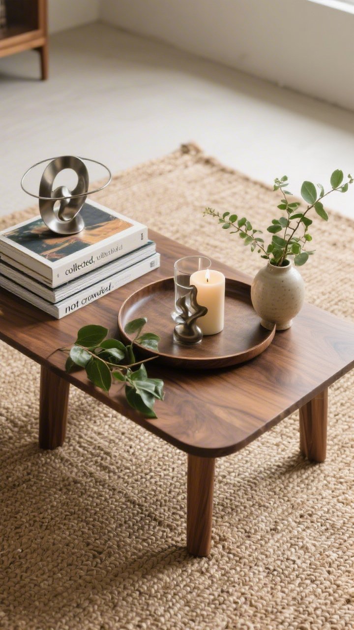 Overhead detail shot: A styled coffee table on a jute rug, following the “collected, not crowded” rule—one round tray holding a sculptural candle and a small ceramic vase with greenery; a short stack of art books creating height variation topped with a metal object; ample negative space maintained; materials mixed: wood tabletop, glass accessory, metal accent, and fresh leaves; soft natural side lighting.