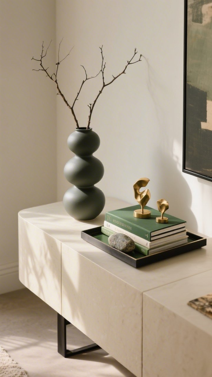 Overhead detail shot: A styled console top using the 3-2-1 formula—tall matte ceramic vase with branches (3: tall), a medium-height stack of art books with a small brass sculptural object on top (3: medium and small), materials repeated in two places (brass and black accents; green and cream color echo), and one organic element (smooth river stone). Breathable negative space with items grouped on a tray; soft natural light creating gentle shadows. Photorealistic.