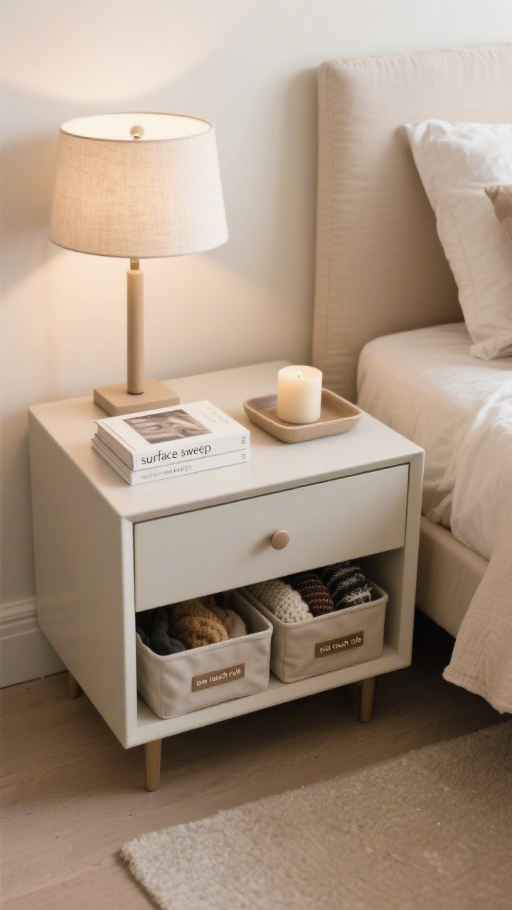 Overhead detail shot: A tidy nightstand and dresser “surface sweep” showing only a lamp, a single book, a candle, and a shallow catchall tray; labeled storage bins seen under the bed edge for seasonal swap; minimal, boutique-like styling that conveys the “one touch rule” orderliness; soft, even light and warm neutral color palette for a cozy minimalist vibe, photorealistic.