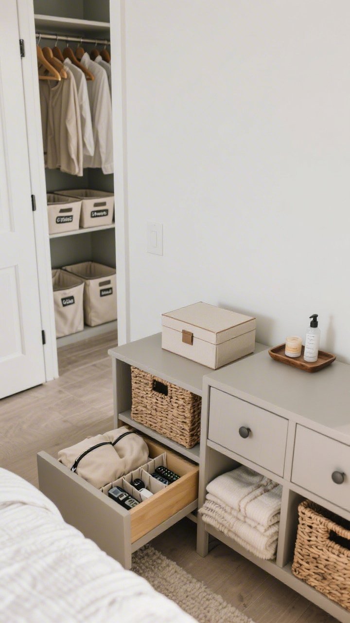 Overhead detail shot: Beautiful storage solutions arranged neatly—under-bed low-profile canvas zip bags partially visible, a nightstand drawer open to show dividers organizing chargers and remotes, woven baskets with folded blankets, a lidded box on a dresser, and a small tray holding hand cream and sleep spray; matching hangers and labeled bins glimpsed in an open closet door; clean, calm vibe, photorealistic.