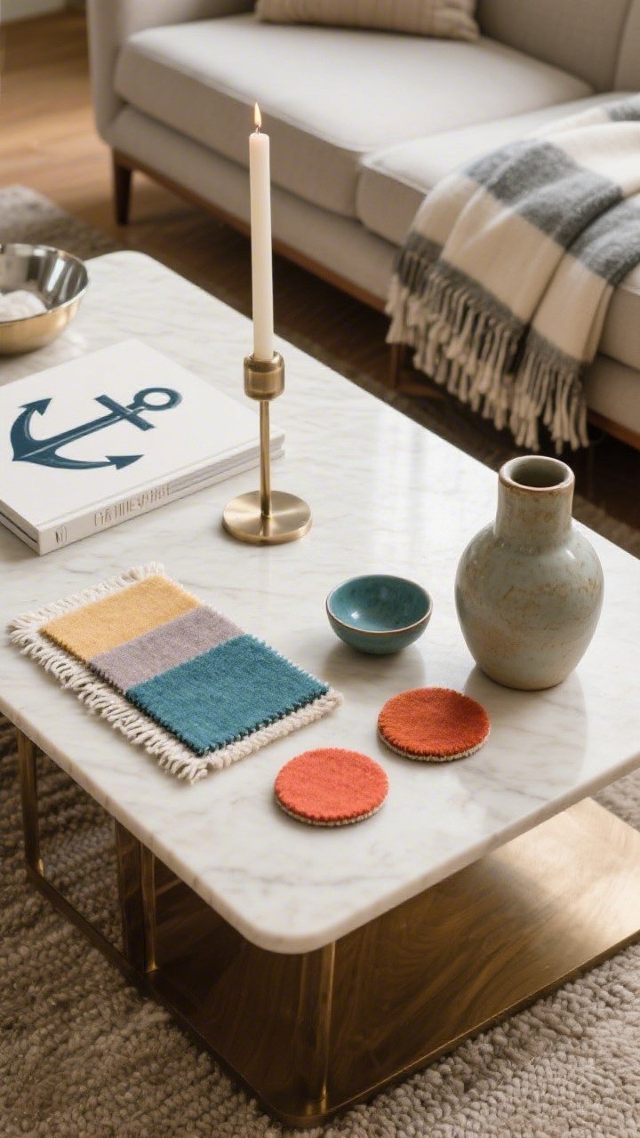 Overhead detail shot of a coffee table styled to show a cohesive 3–5 color palette: an anchor art book and a small rug swatch establishing the main color, a ceramic vase and candle reinforcing the secondary tone, and three repeated pops of an accent color across coasters, a small bowl, and a throw draped on the sofa edge nearby; metals and wood tones consistent; soft natural light; photorealistic