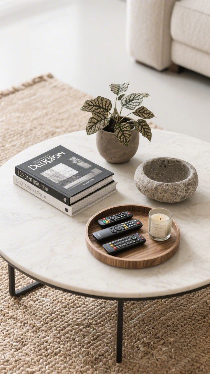 Overhead detail shot of a coffee table vignette: a round tray corralling remotes, two large design books stacked for height, a small potted plant with textured leaves, a stone bowl for organic texture, and a candle or diffuser for scent; negative space left for practical use; surfaces on a jute rug for warmth; crisp natural top light