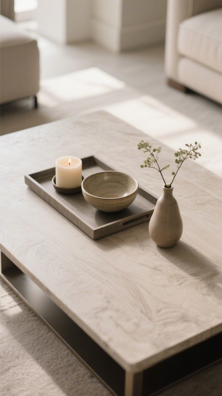 Overhead detail shot of a curated coffee table vignette: a rectangular tray corralling a candle, a ceramic bowl, and a small bud vase grouped in an odd number of three; two-thirds of the tabletop purposefully empty for negative space; vary heights for balance; muted tones with soft wood grain visible; bright but diffused daylight for a clean, luxe feel