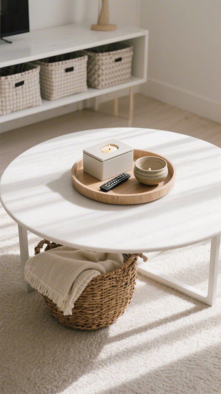 Overhead detail shot of a decluttered coffee table: a round tray corralling a candle, remote in a lidded box, and a small ceramic bowl; clear negative space around; a woven basket with a folded throw tucked under the table; pretty fabric bins on a nearby shelf; clean, minimal, sunlit mood