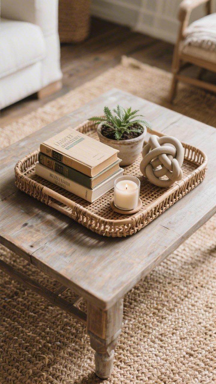 Overhead detail shot of a farmhouse coffee table vignette: a rattan or wood tray as the grounding base, a neat stack of 3–5 vintage books with neutral spines, a small potted plant, a candle, and a sculptural ceramic knot; set on a jute rug with visible weave texture; soft, cozy lighting.