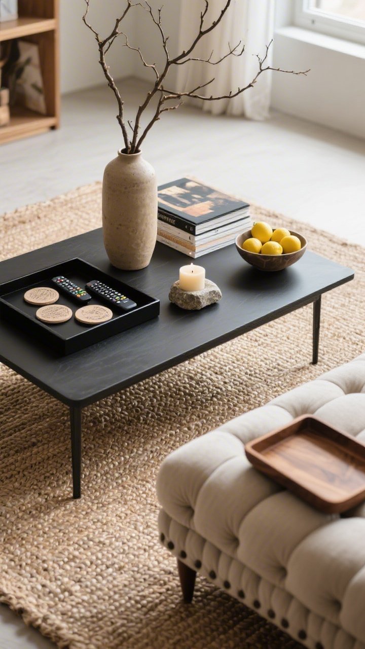 Overhead detail shot of a styled coffee table: a tall ceramic vase with branches, a stack of art books beside a matte black tray holding remotes and coasters, and a small organic element—a stone candle and a bowl of fresh lemons; set on a jute rug with visible weave; for ottoman scenario, include a sturdy wood tray on a tufted fabric ottoman edge; natural daylight.