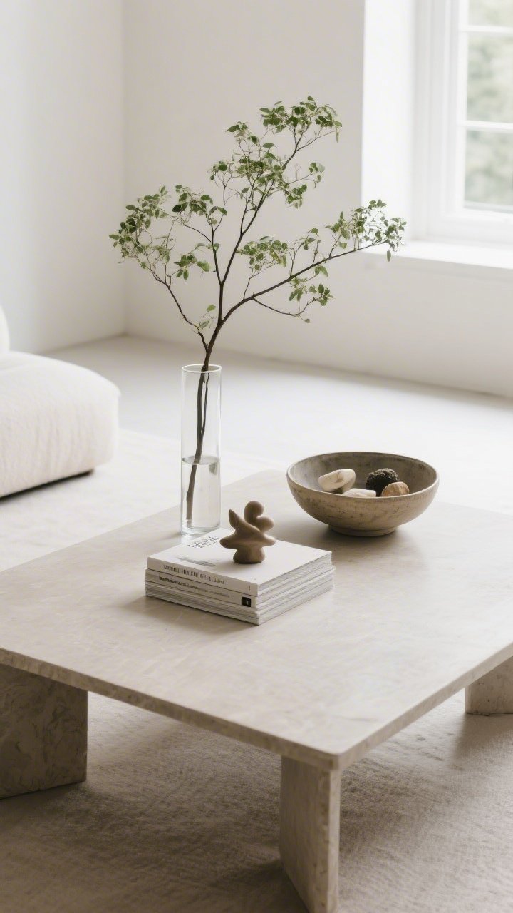 Overhead detail shot of a styled coffee table following the tall + medium + low formula after an edit: tall—branchy greenery in a slim glass vase; medium—a ceramic bowl with curated objects; low—a stacked design book with a small sculptural object; surrounding area is intentionally minimal after decluttering; neutral palette with subtle contrast; bright natural light from a nearby window; clean, airy, purposeful mood.