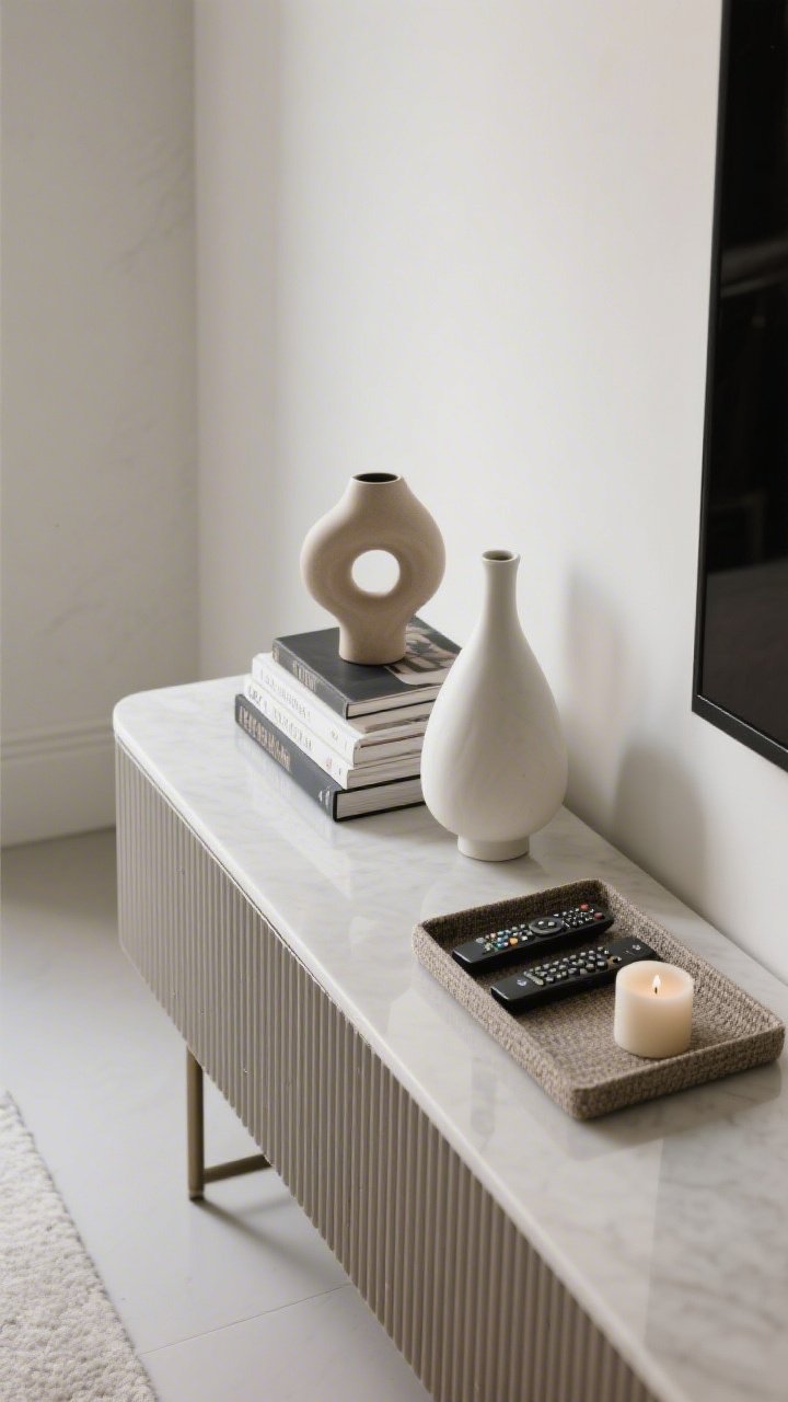 Overhead detail shot of a styled console surface applying the 70/30 rule: approximately 70% clear, with a neat 30% vignette featuring a stack of books, a sculptural object, and a simple vase for height; items grouped in odd numbers with varied textures; a tray corralling remotes and a candle; clean negative space conveying quiet luxury.