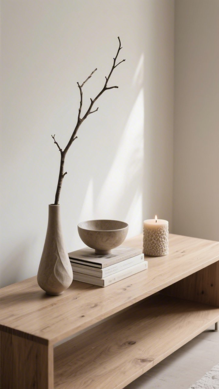 Overhead detail shot of a styled console surface after ruthless editing: three-item formula in action—tall branch in a slim vase (height), a small sculptural bowl atop a short stack of books (shape), and a petite textured candle (life); arranged in an asymmetrical triangle with negative space around them on a clean wood console; soft natural side light and gentle shadows; palette restrained and intentional.