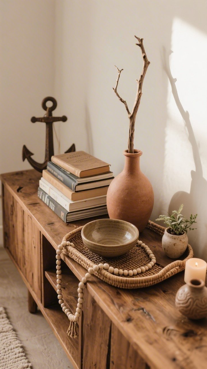 Overhead detail shot of a styled vignette on a wooden console: an anchor tray corralling a stack of books and a shallow ceramic bowl, a tall clay vase with a branch adding height, and texture-plus-life via a bead garland and a tiny potted plant; include a small piece of pottery and a candle; earthy, boho objects with warm natural side light.