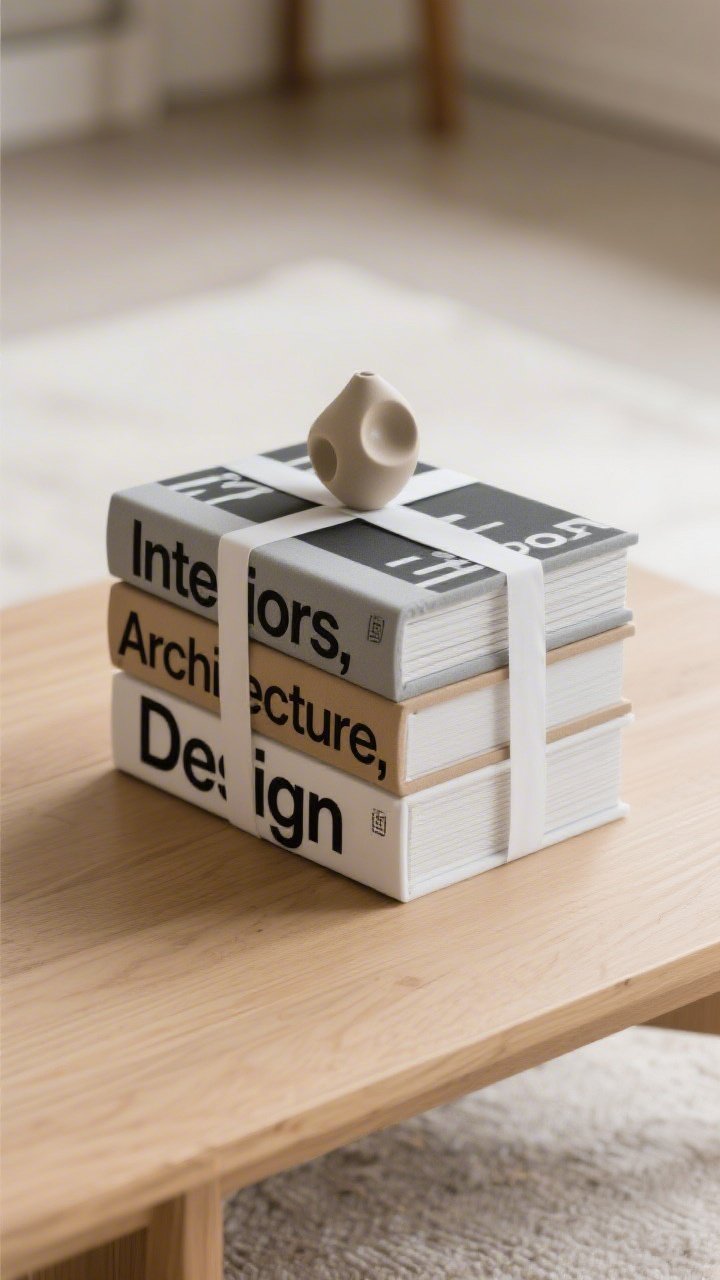 Overhead detail shot of faux coffee table “book” stacks made from foam board and poster board, wrapped like gifts; minimalist vinyl-letter spines labeled “Interiors,” “Architecture,” and “Design”; stacked two to three high with a small sculptural object on top; clean, architectural aesthetic on a light wood coffee table; soft daylight highlighting crisp edges