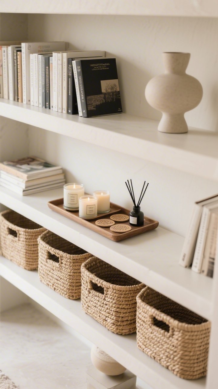 Overhead detail shot of smart open storage on shelves: matching woven baskets lined up with discreet interior-rim labels, a tray corralling candles, coasters, and a diffuser, and open shelves styled in thirds—books stacked horizontally on one shelf, vertically on another, and a sculptural object completing the pattern; surfaces kept about 60% clear to feel breathable; neutral tones, gentle daylight, no clutter