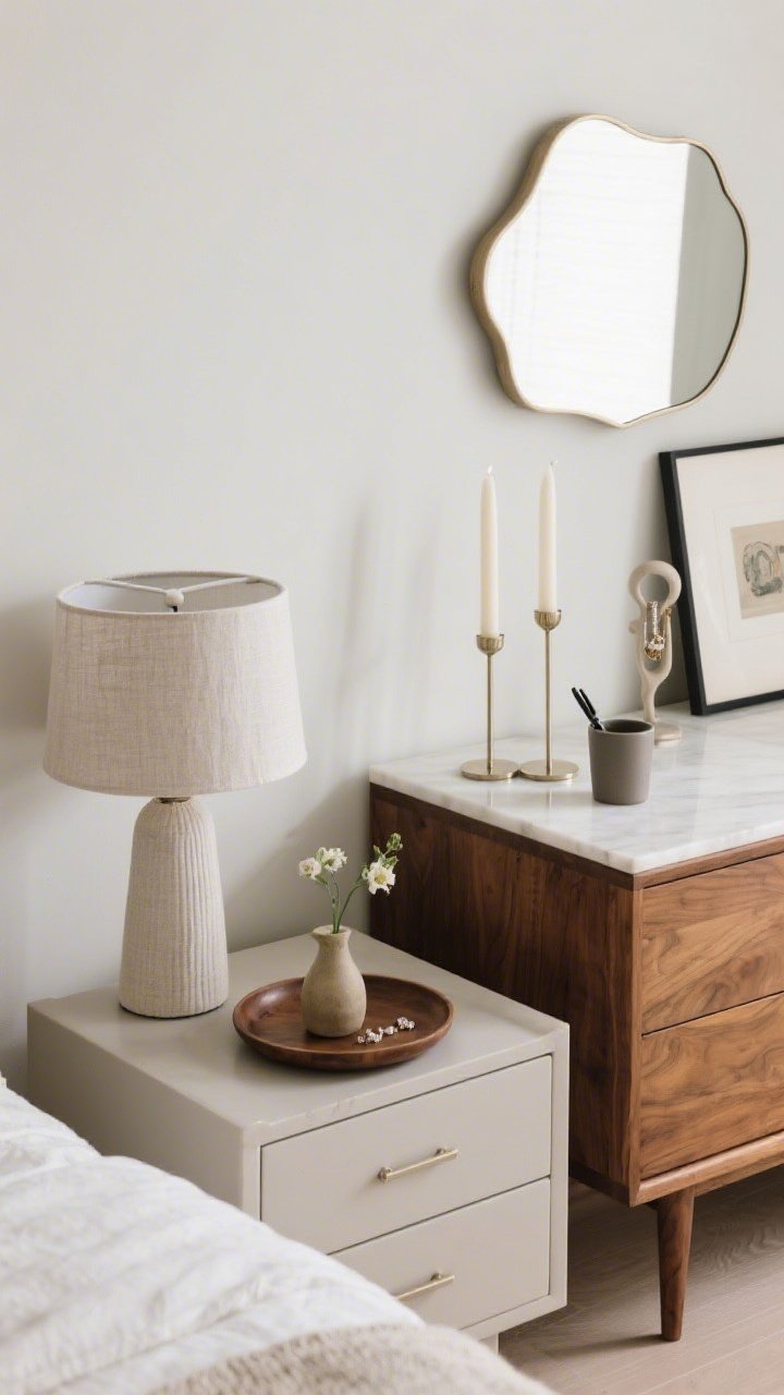 Overhead detail shot of styled surfaces using rule of three: nightstand with a small linen-shaded lamp, a round tray, and a petite bud vase; dresser with a standing mirror, two staggered pillar candles, and a minimal jewelry stand; desk with a matte pen cup, a framed print, and a tiny abstract sculpture; varied heights and textures (wood, glass, ceramic, metal); clean, uncluttered arrangement.