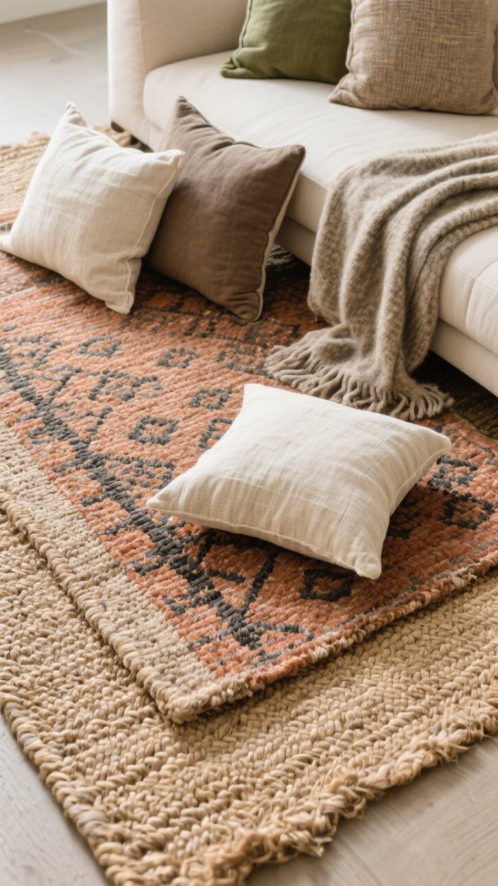 Overhead detail shot of textiles: Layered rugs with a chunky natural jute base topped by a patterned flatweave in muted terracotta and charcoal; a scatter of pillow covers in 24", 22", and 20" sizes—linen and cotton in cream, taupe, and sage—showing nubby textures; a casually draped wool-blend throw over the corner of a sofa cushion, not centered; tactile, matte finishes, warm natural light; no people, photorealistic.