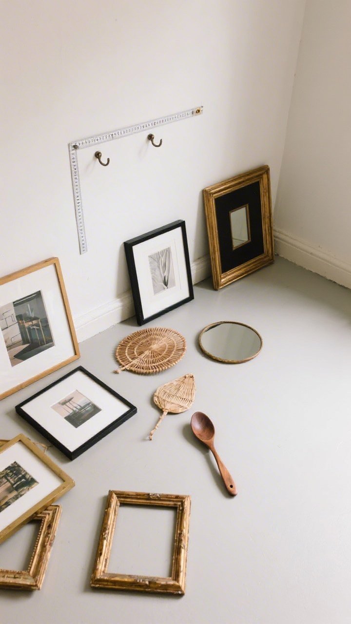Overhead planning view transitioning to wall: a layout on the floor showing a mix of framed digital prints, a woven fan, a tiny round mirror, and a hand-carved wooden spoon; nearby, thrifted frames being spray-painted warm brass and matte black for cohesion; accent colors repeated in two or three pieces; soft studio light; include tape measure and removable hooks to suggest arrangement.