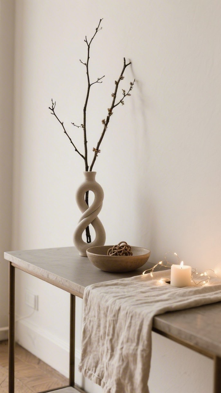 Overhead styled vignette on a console: a tight, chic palette with subtle seasonal nods; tall branches in a ceramic vase for height, a small sculptural knot and a shallow bowl, a neatly folded linen runner as the soft element, and a single candle or tiny string of fairy lights for glow; simple shapes, uncluttered composition; soft, warm lighting.