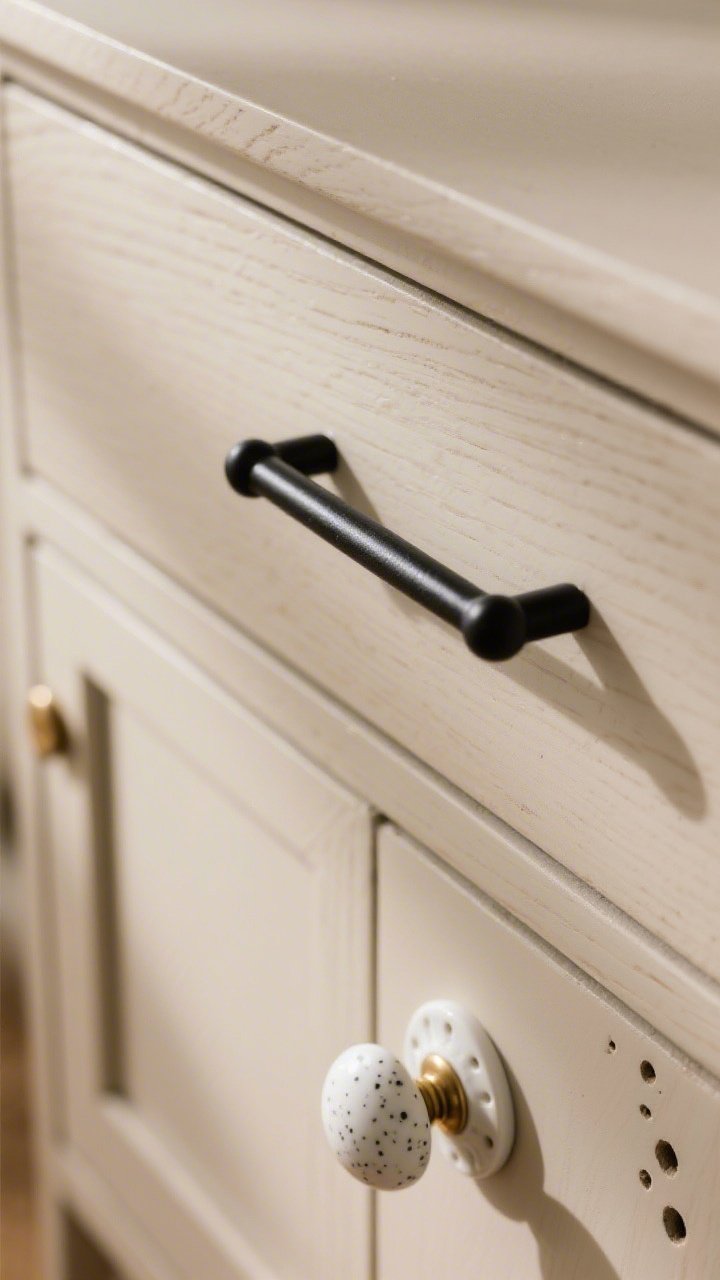 Photorealistic closeup detail of a dresser drawer showcasing hardware swap: matte black bar pull on a drawer, round brass knob on an adjacent cabinet door, and a white ceramic knob with subtle speckles on a side piece; include an elegant backplate hiding old holes; neutral wood grain, sharp focus on finishes, soft morning light.