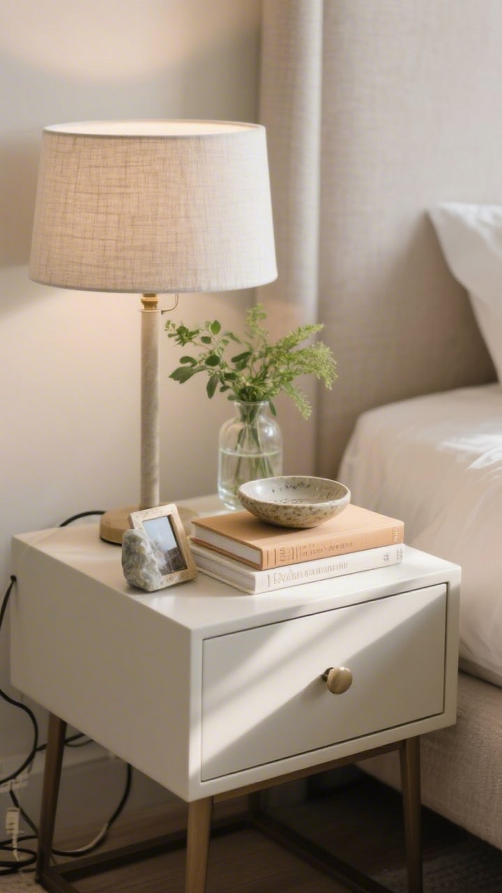 Photorealistic closeup detail of a styled nightstand vignette: a linen-shade lamp as the anchor, a vertical element via a petite glass vase with fresh greenery, a small stack of two or three hardcover books with pretty spines topped by a ceramic trinket dish, and a small personal object (polished stone or mini framed photo); visible tidy cord management, uncluttered drawer front; soft natural side light highlighting textures; background softly blurred bed edge.