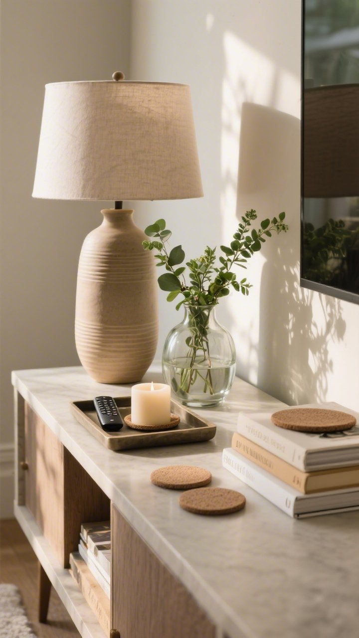 Photorealistic closeup detail of intentional surface styling on a console: rule-of-heights vignette with a tall ceramic lamp, a medium glass vase with fresh greenery, and a low tray corralling remotes, a candle, and coasters on stacked books; deliberate breathing room around the objects for a calm, curated look. Warm afternoon light grazing the surface, shallow depth of field, straight-on tight crop.