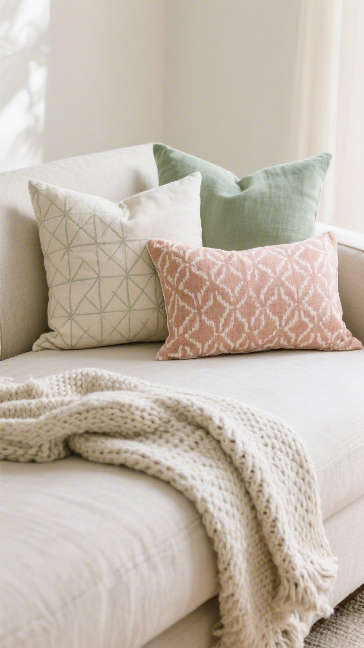 Photorealistic closeup detail of seasonal textile swaps on a sofa: pillow covers in a palette of sage, cream, and blush—mix of solids, a small geometric print, and one bold patterned lumbar—paired with a casually draped knit throw over the sofa corner; linen and cotton textures emphasized; soft natural light.