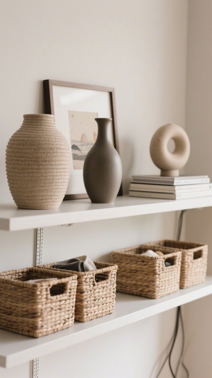 Photorealistic closeup detail of styled shelving that reflects intentional editing: three decor objects grouped in a trio—varying heights and textures (a matte ceramic vase, a small framed print, and a stacked book set with a sculptural object)—with matching woven bins neatly containing items on the lower shelf. Include negative space around the vignette, cords hidden via an adhesive raceway that blends with the wall. Soft, even natural light, straight-on tight framing.