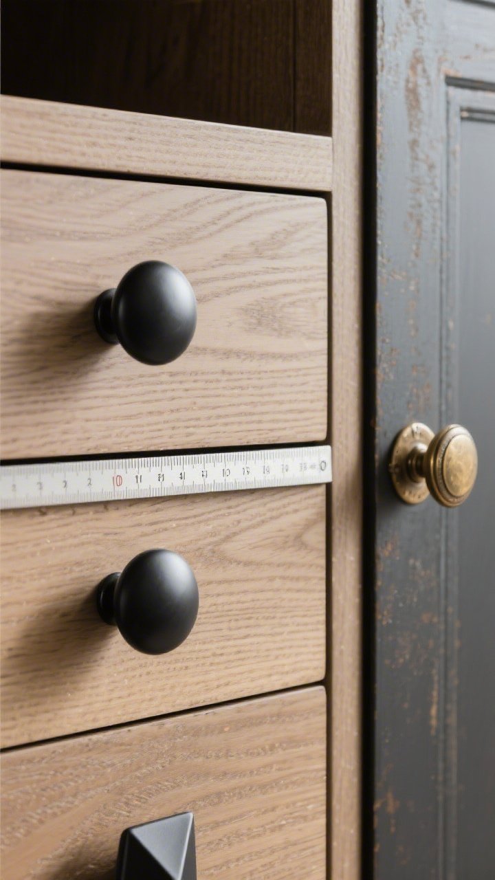 Photorealistic closeup of a dresser drawer front showing an upgrade from basic round knobs to geometric matte black pulls; nearby cabinet door with aged brass knob to show intentional metal mix; tight crop emphasizes finish consistency and shape story; a ruler marking center-to-center measurement for proper fit; refined shadows and subtle wood grain for a mini makeover vibe