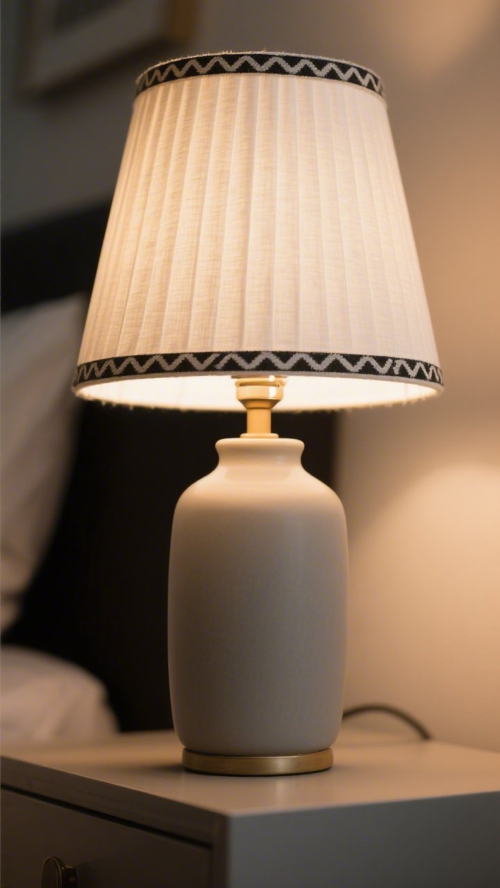Photorealistic closeup of a table lamp with a pleated linen shade in warm white, sized about two-thirds the height of a matte ceramic base; warm LED bulb (2700K) casting a cozy, non-office glow; subtle texture in the linen and a black interior liner giving a boutique feel; cheeky patterned trim on the shade edge; background softly blurred nightstand surface for focus on the shade swap