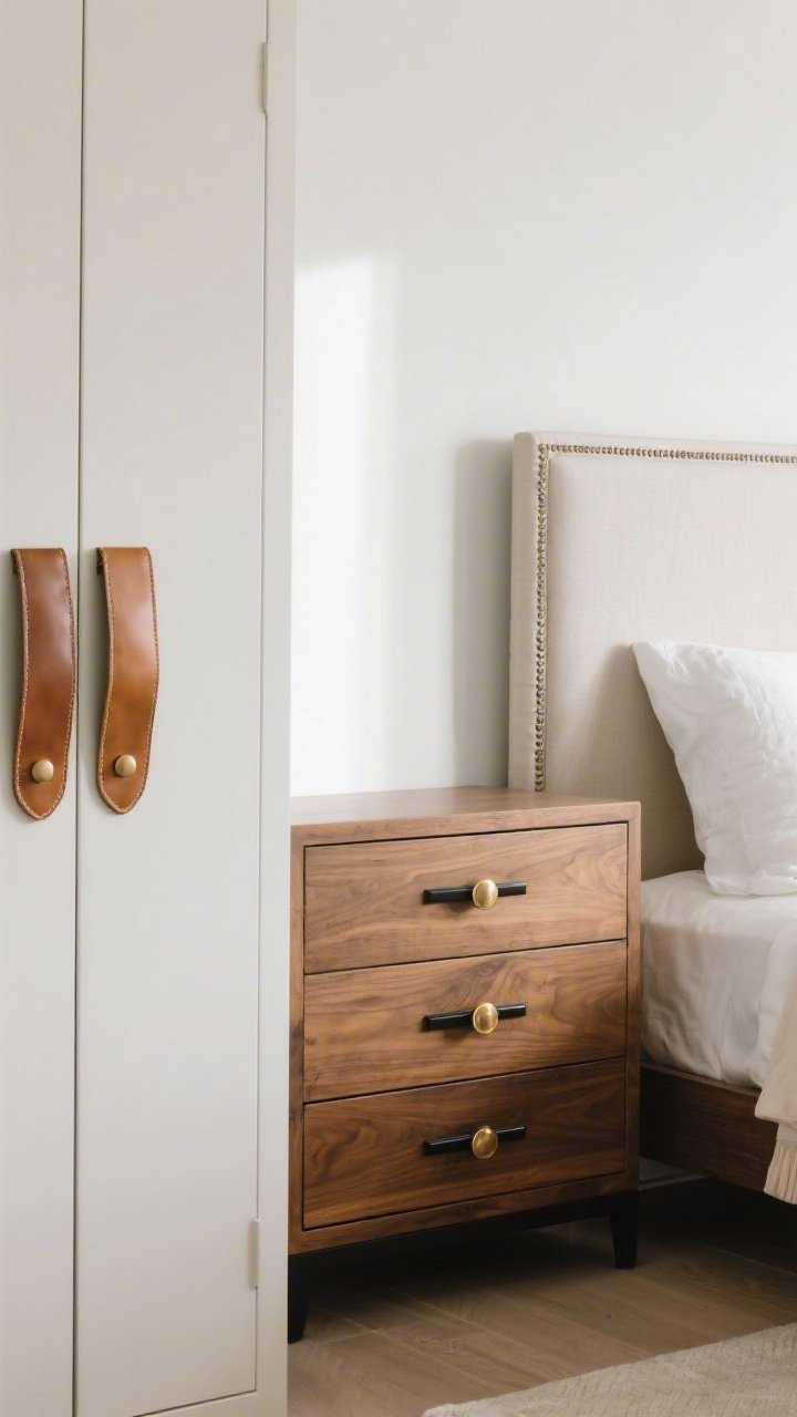 Photorealistic closeup of furniture hardware upgrades: dresser and nightstand drawers in a warm wood or painted matte finish featuring new brushed brass knobs and slim matte black pulls for a cohesive two-finish max scheme; a nearby closet door shows large leather tab pulls for a bespoke touch; include a simple headboard edge with added decorative cap/trim detail; bright, even daylight to reveal metal finishes and grain; tight framing on hands-free furniture fronts (no people).