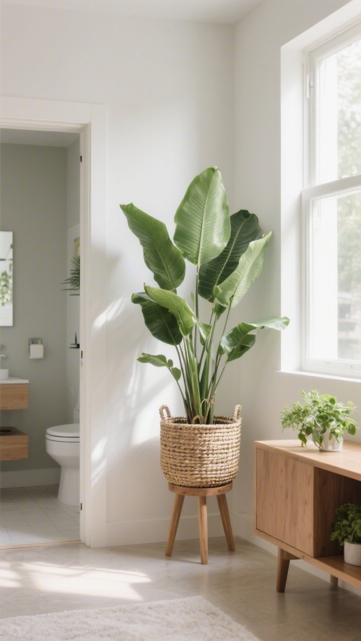 Photorealistic corner medium shot featuring one large snake plant in a woven basket cover pot on a simple wood stand, plus a small cluster of tabletop greens on a nearby console; bright indirect daylight softens the scene; optional faux plant in a windowless bathroom alcove visible through doorway; minimal clutter so the greenery softens edges and fills an awkward space