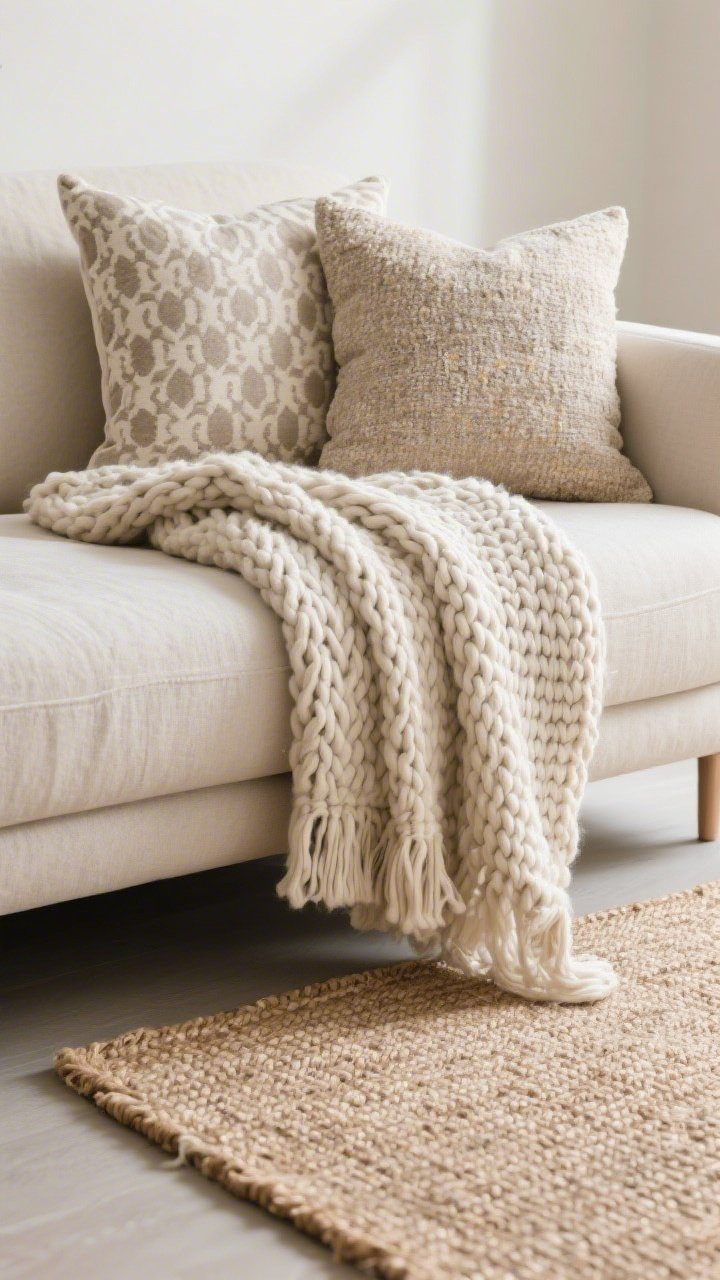 Photorealistic detail shot of layered textiles on a neutral sofa: chunky knit throw under $40 draped casually, two pillow covers (one patterned, one solid, one nubby textured) in a palette repeating across the scene; a small jute accent rug layered over a larger neutral flatweave peeking at the bottom of frame; soft daylight highlighting fabric weaves; intentional repetition of colors and textures