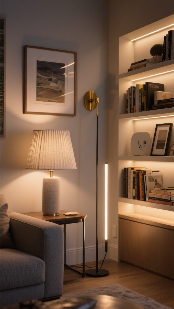 Photorealistic evening medium shot of a living room corner with layered lighting: a pleated linen lampshade on a table lamp, a brass plug-in sconce above framed art, a slim floor lamp, and warm white smart bulbs set to 2700–3000K; under-shelf LED strips washing a bookcase; cozy glow with balanced ambient, task, and accent lighting.