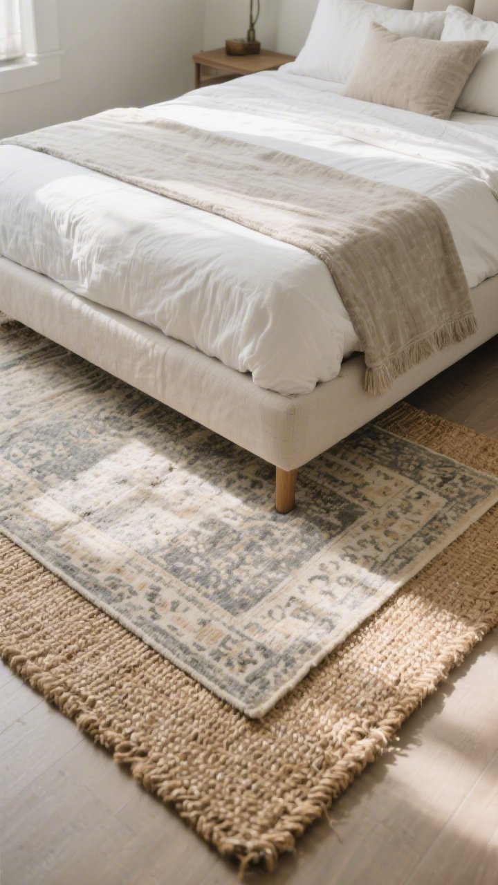 Photorealistic medium overhead angle at the foot of the bed showing layered rugs: a jute or sisal base rug grounding the area with a smaller vintage-look patterned rug in muted tones (soft grays, beiges) layered on top; placement runs under the front two-thirds of the bed; include a runner option visible along one bedside for a narrow-room feel; calm, cohesive palette; subtle afternoon light raking across the texture; add a rug pad edge barely visible for realism.