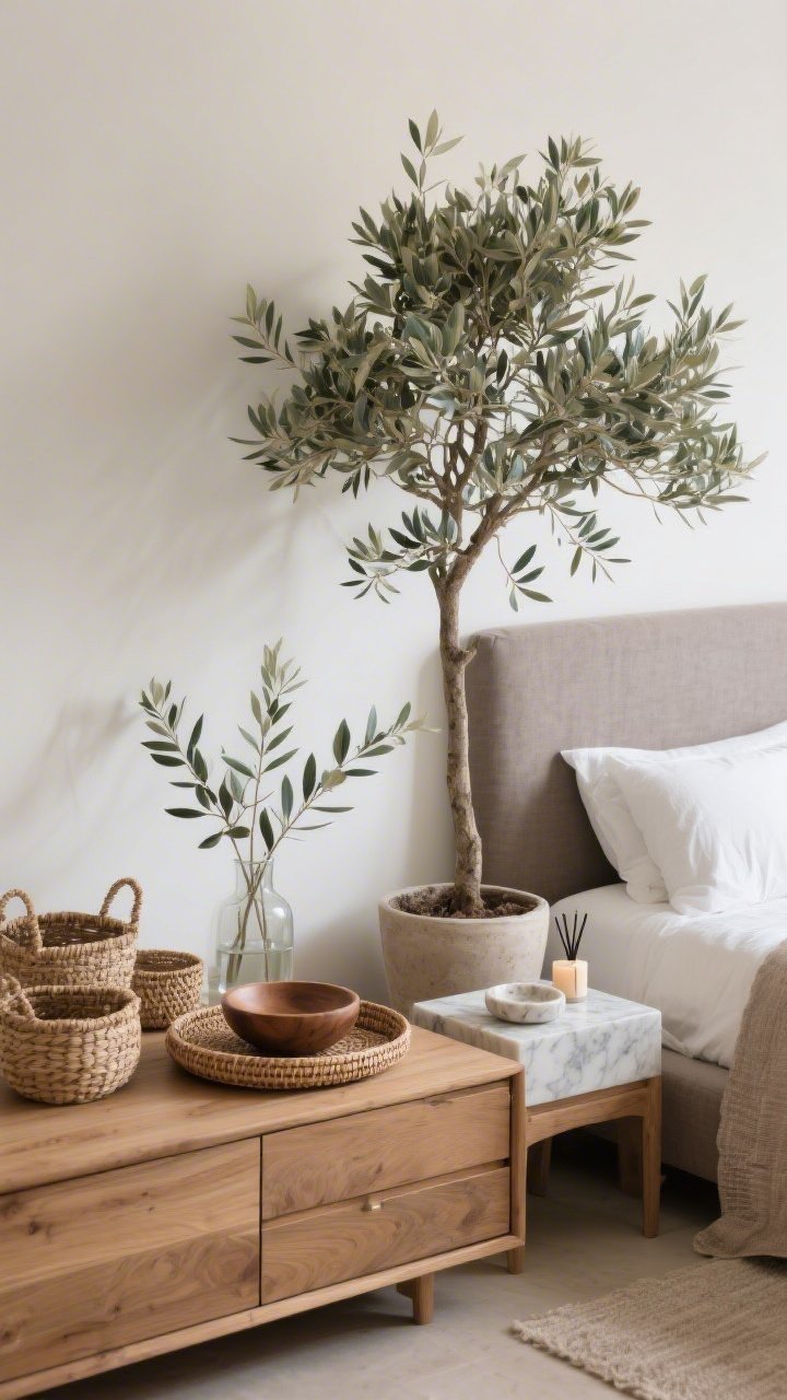 Photorealistic medium shot capturing spa-like natural elements: a potted olive tree in a simple planter beside the bed, eucalyptus stems in a glass vase on a rattan tray, woven baskets and a wood bowl on a dresser, a small marble catchall on a nightstand; palette of warm woods, crisp whites, and muted taupes/slate; include a subtle diffuser or quality candle for implied scent; balanced styling with one or two natural textures per surface; soft, serene lighting for a retreat feel.