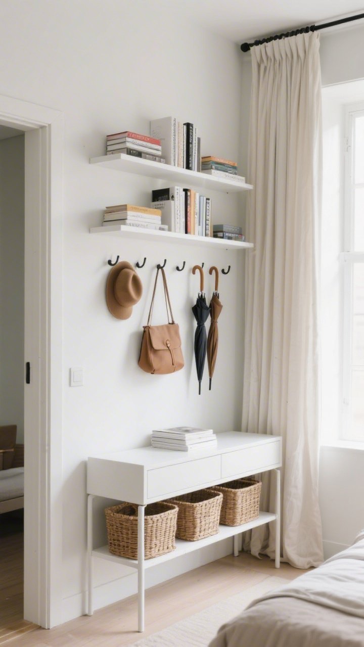 Photorealistic medium shot emphasizing vertical storage: wall-mounted floating nightstands with no legs, slim white shelves stacked high to the ceiling holding baskets at the bottom and decor/books up top for balance, peg rails with hooks corralling hats, bags, and umbrellas by the entry, and ceiling-high curtain rods with long off-white curtains hung near the ceiling to elongate the walls. Clean, intentional aesthetic, side angle, bright diffused daylight.