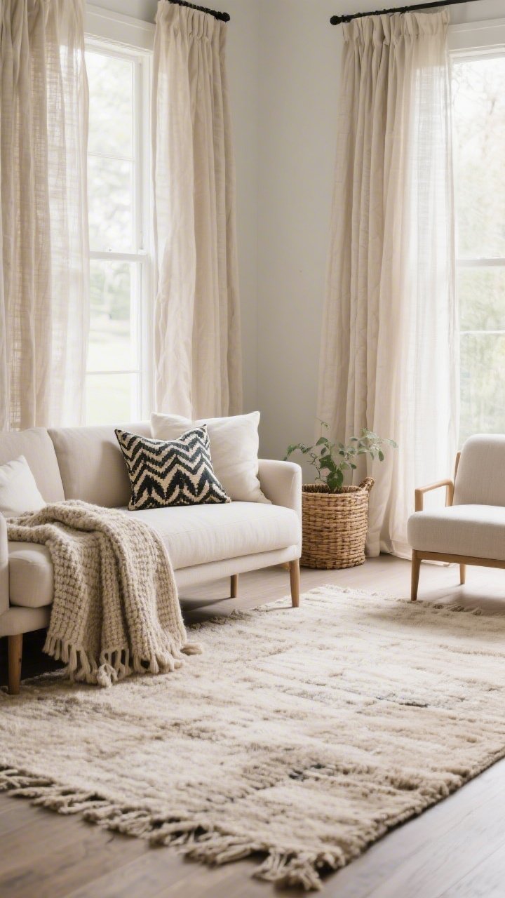 Photorealistic medium shot focusing on textiles that trick the eye: an oversized neutral area rug large enough for the front legs of sofa and chairs to sit on, high-and-wide hung light linen-blend curtains that are airy and sheer, one bold statement-pattern pillow on the sofa supported by solid-colored throws, and mixed textures—nubby knit throw, smooth cotton cushions, and a woven basket planter. Soft daylight filtering through curtains, straight-on perspective.