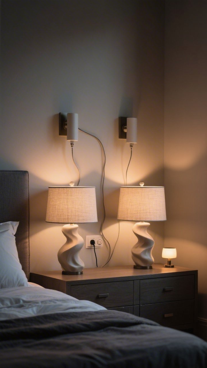 Photorealistic medium shot of a bedroom corner emphasizing upgraded lighting: a pair of matching bedside table lamps with sculptural bases and linen shades flanking the bed for perfect symmetry, plug-in sconces mounted above the nightstands with cords concealed by cord covers, all bulbs at warm 2700K–3000K; add a tiny accent lamp on a dresser for layered light; include a visible plug-in dimmer on one lamp; evening ambience with moody, warm glow and soft shadows; neutral walls and restrained decor.