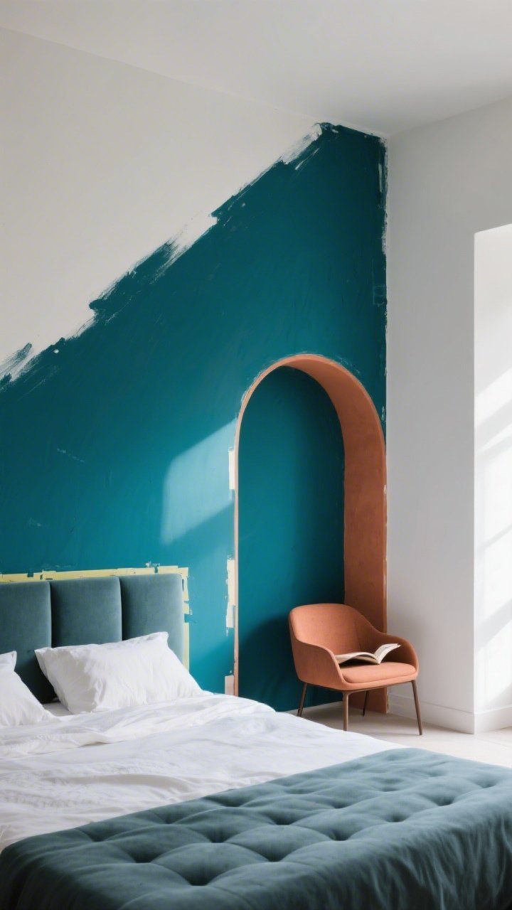 Photorealistic medium shot of a bedroom statement wall painted deep teal behind a modern upholstered bed; crisp painter’s-taped edges with a clean line against adjacent white walls; angled brush strokes subtly visible; soft afternoon natural light showing color shifts on the teal; a color-blocked painted arch in clay terracotta framing a small reading chair in the corner; minimal decor so the saturated wall is the hero; moody yet polished vibe