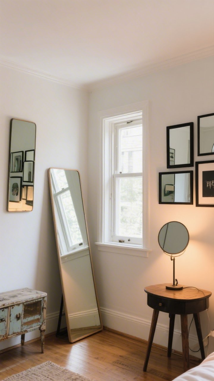 Photorealistic medium shot of a bright small room using mirrors to amplify space: a large frameless leaning floor mirror propped against a wall to expand vertical space; a rectangular mirror hung directly opposite a window to bounce natural daylight deeper into the room; a small round mirror placed behind a table lamp to amplify warm evening glow. Include a thrifted gallery cluster of small mismatched mirrors with spray-painted matte black frames arranged on a side wall. Warm, reflective highlights, corner angle perspective.