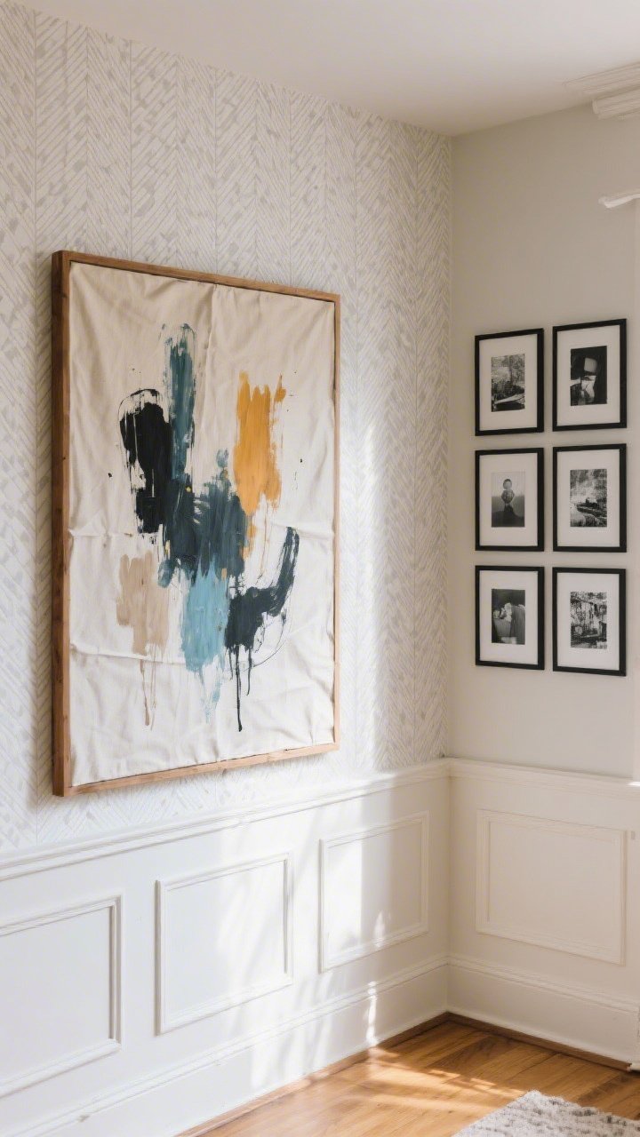 Photorealistic medium shot of a budget statement wall and DIY art: a removable wallpaper accent wall with a subtle geometric pattern; a large DIY abstract canvas made from drop cloth stretched over a wooden frame with expressive paint swashes; a neat grid gallery of identical black frames containing black-and-white photos; peel-and-stick molding panels adding architectural texture to an adjacent section. Soft natural side lighting, corner angle.