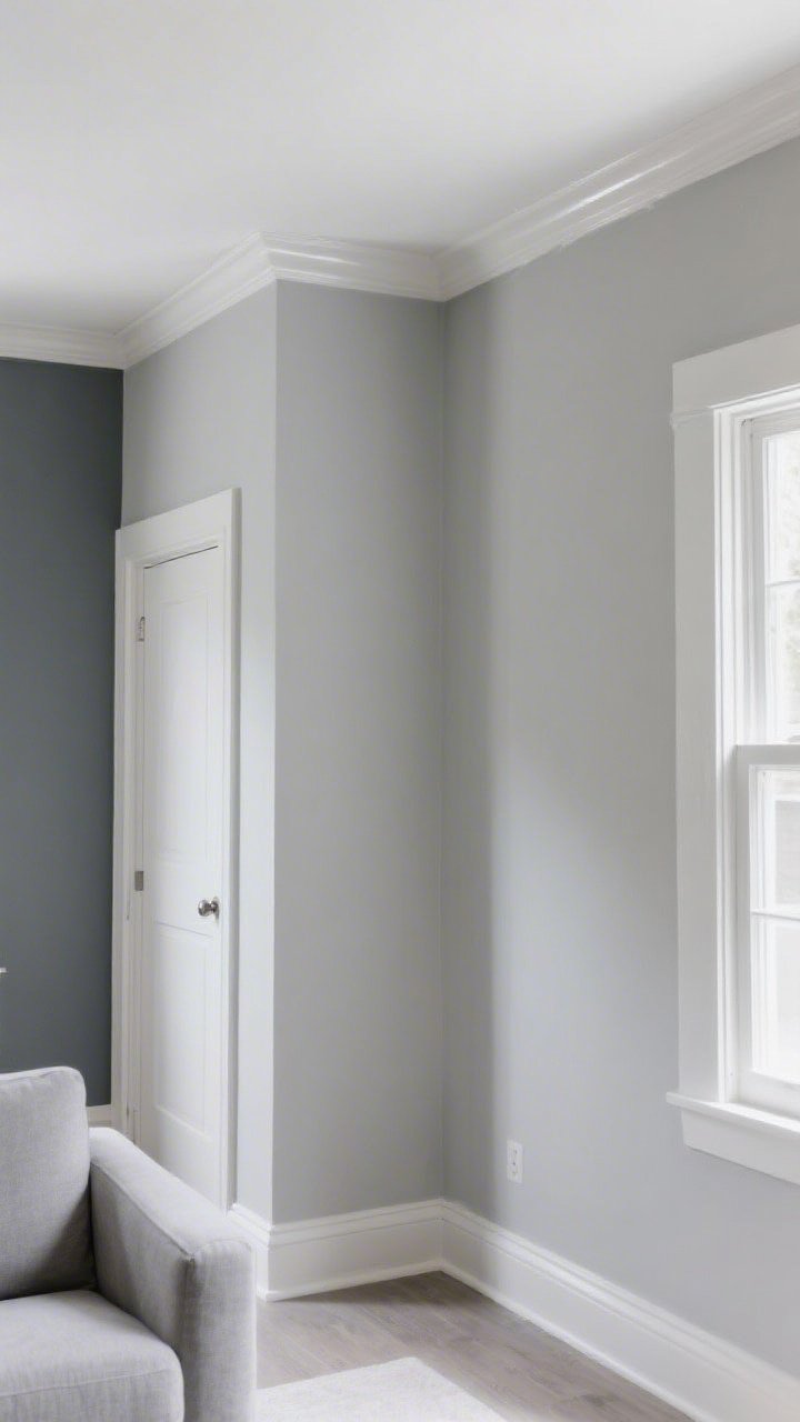 Photorealistic medium shot of a freshly painted small living room corner with monochrome walls and trim in a soft greige, baseboards and doors painted the exact same color to blur edges; ceiling painted 50% lighter than walls with a subtle high-gloss sheen bouncing light; a subtle accent wall two tones darker than the main greige adds depth without chaos; crisp, razor-clean paint lines along an angled door casing suggest quality rollers and an angled brush; soft natural daylight streams in, reflecting gently off the lighter ceiling, creating an intentional, airy mood; no people.