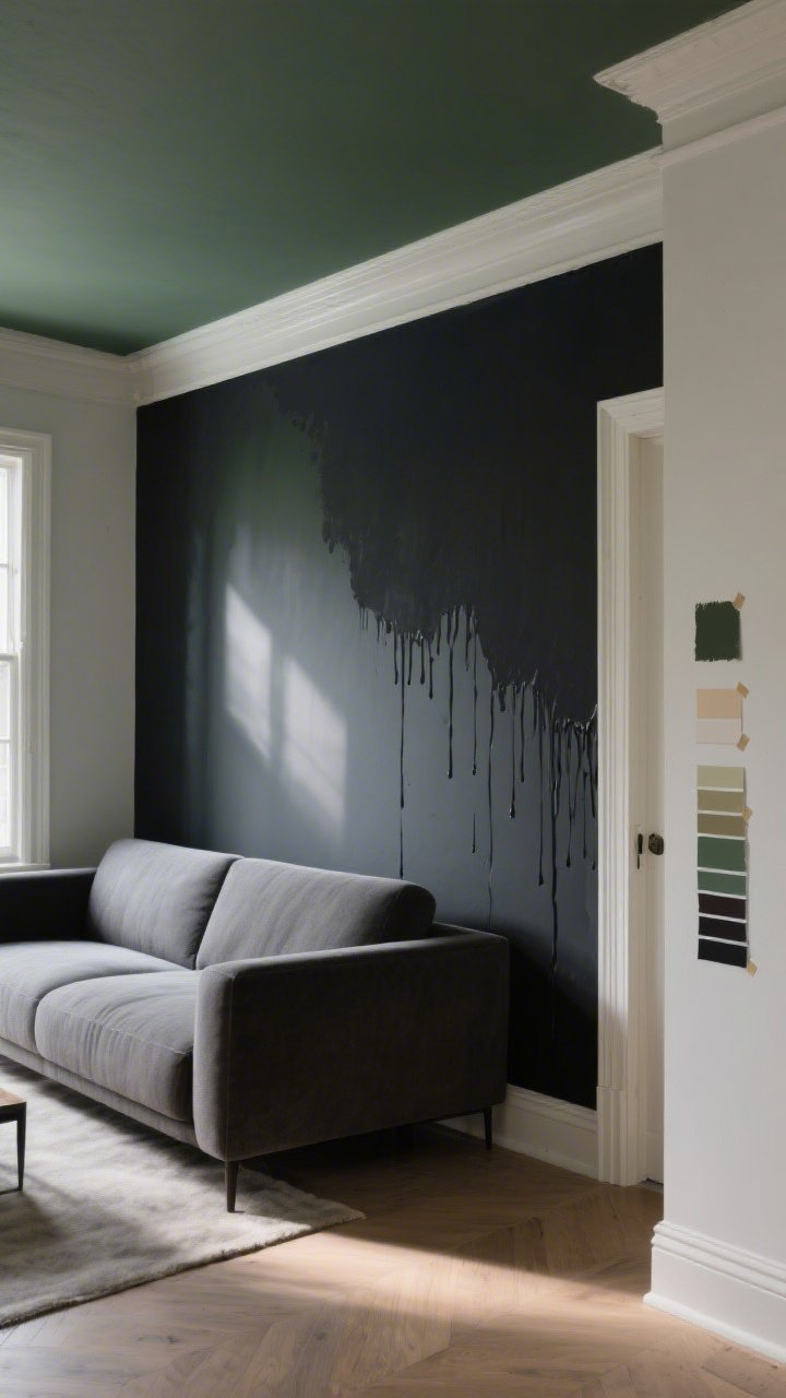 Photorealistic medium shot of a living room accent wall painted in bold charcoal behind a modern low-profile sofa, with the same charcoal color “dripping” onto the baseboards and door trim for a seamless high-end effect; ceiling in a soft, deeper matte shade of muted green for intimacy; calm neutral furnishings, natural light at late afternoon casting gentle shadows; paint swatches taped on adjacent walls to hint at sampling, overall designer, moody yet cozy vibe, no people
