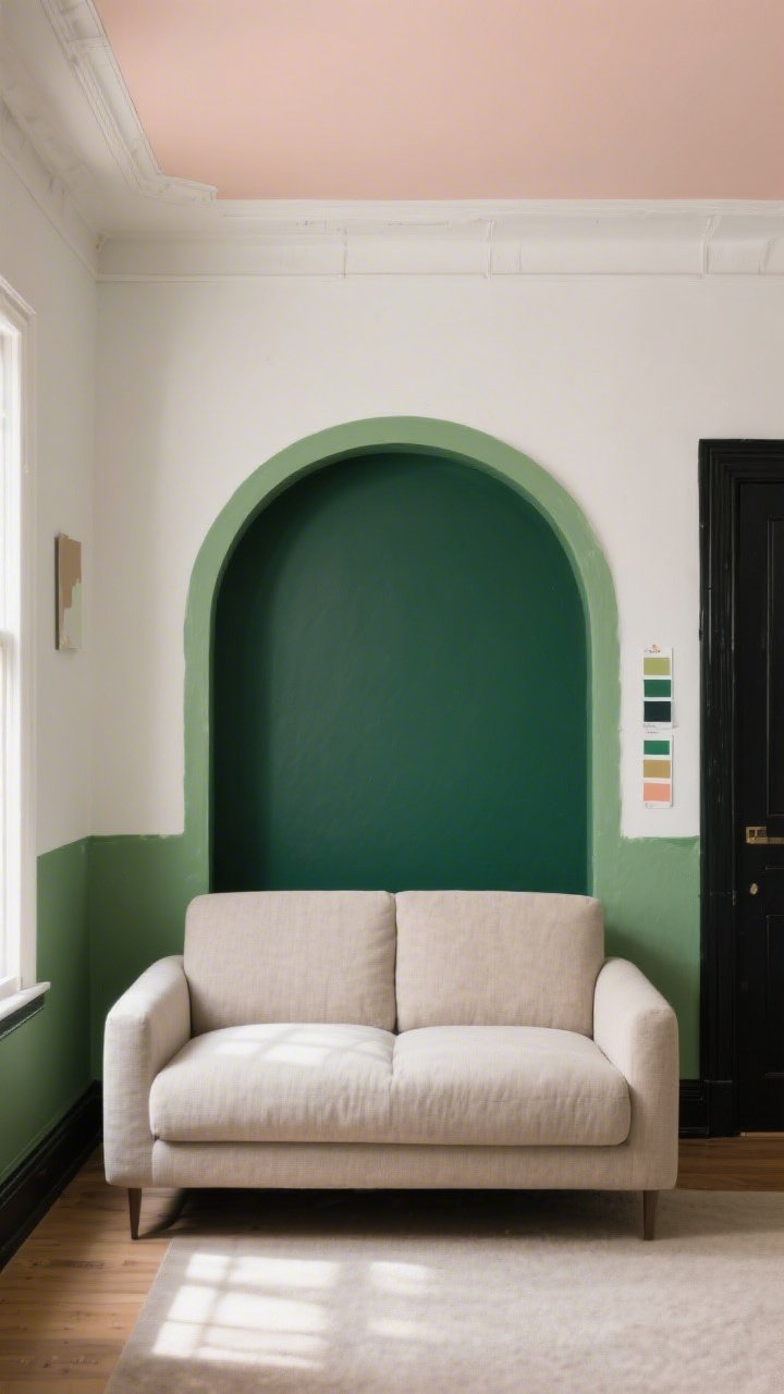Photorealistic medium shot of a living room accent wall painted a deep forest green behind a neutral linen sofa, with a painted arch in a slightly lighter green framing the sofa; two-tone walls where the lower third is a richer shade and the upper two-thirds a soft warm white; the ceiling has a faint blush-tinted white for a subtle glow; crisp dark charcoal trim around doors and baseboards contrasts with light walls; natural morning light from the left, paint tester swatches taped on adjacent walls to hint at color testing; mood is bold yet cozy.