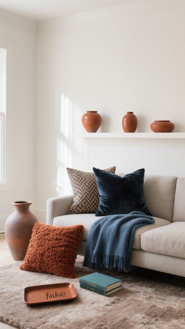 Photorealistic medium shot of a living room vignette focused on a tight color palette: warm white walls, a greige linen sofa, soft taupe rug; add depth with an ink blue throw blanket and charcoal velvet pillow; pops of rust repeated three times via a ceramic vase, a patterned throw pillow, and a small rust-toned tray. Include additional textiles to “fake” a color shift: a boucle rust cushion and a teal book spine are visible but restrained. Soft natural daylight from the left, straight-on perspective, no repainting shown, cohesive and elevated.