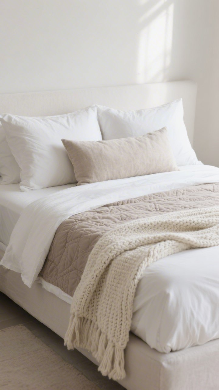 Photorealistic medium shot of a neatly layered bed in a serene bedroom: crisp white fitted sheet and pillowcases as the base, a folded lightweight quilt/coverlet in soft taupe across the midsection, and a chunky knit blanket in cream draped at the foot; pillow stack includes two euro shams, two standard pillows, and a long lumbar pillow in a subtle linen texture; soft natural morning light, steamed wrinkle-free fabrics, neutral palette, focus on texture and plushness without showing the whole room.