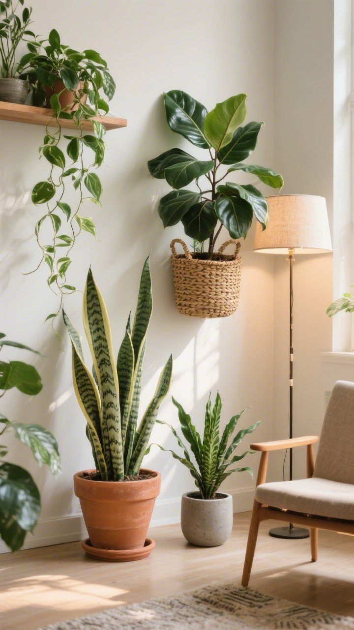 Photorealistic medium shot of a plant-filled corner: a snake plant in a terra-cotta pot, trailing pothos on a wall shelf, a rubber plant in a woven basket planter, and a small ZZ plant in a concrete pot; grouped in odd numbers and varied heights beside a floor lamp and an accent chair; soft afternoon light, lush and lively mood.